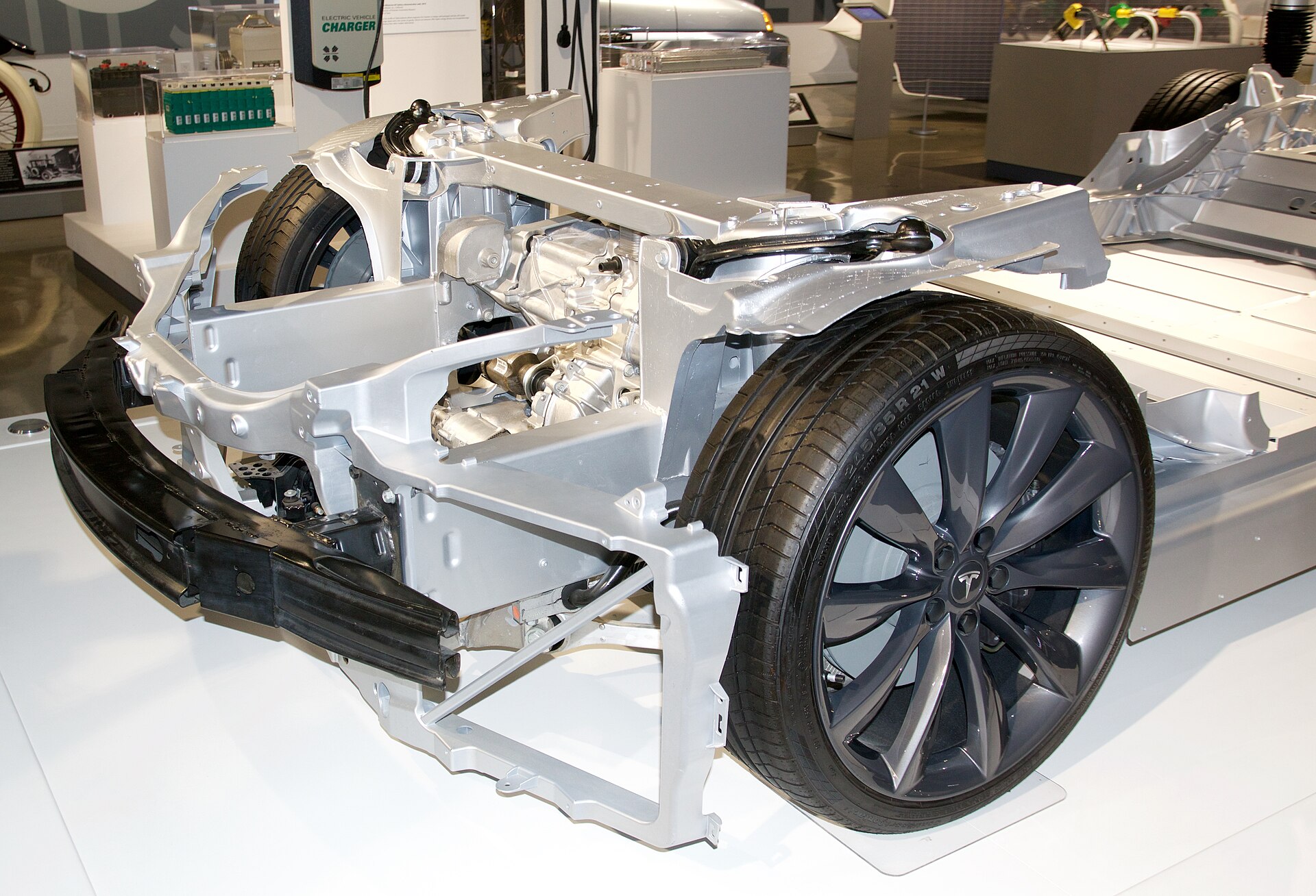 Front drive unit and suspension on a Tesla Model S chassis